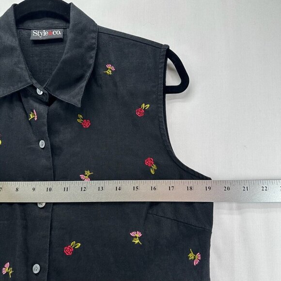 Style & Co Linen Blouse Womens 10 Button Up Sleeveless Embroidered Flowers Black - Picture 9 of 10